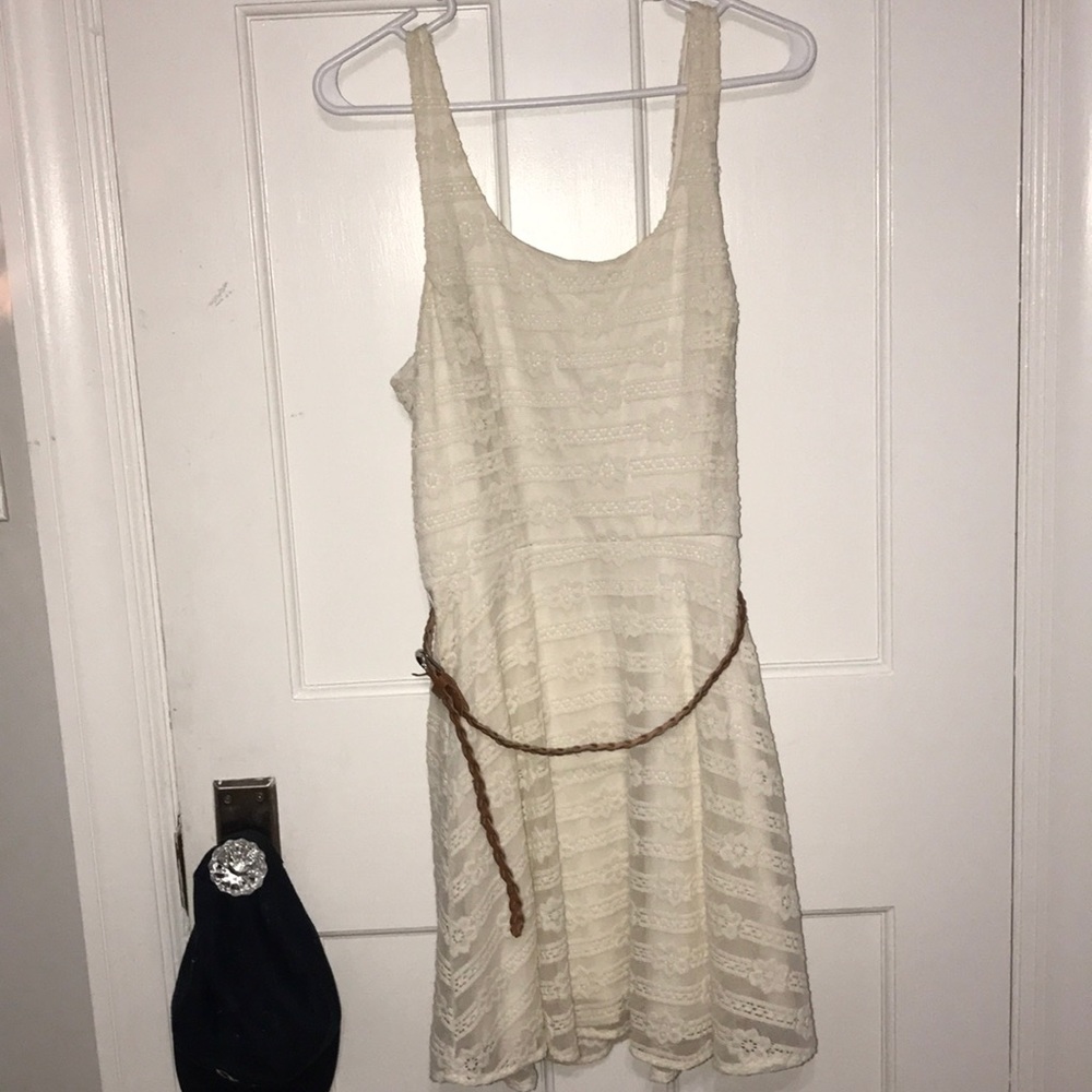 White Flower Lace Short Dress with brown belt
